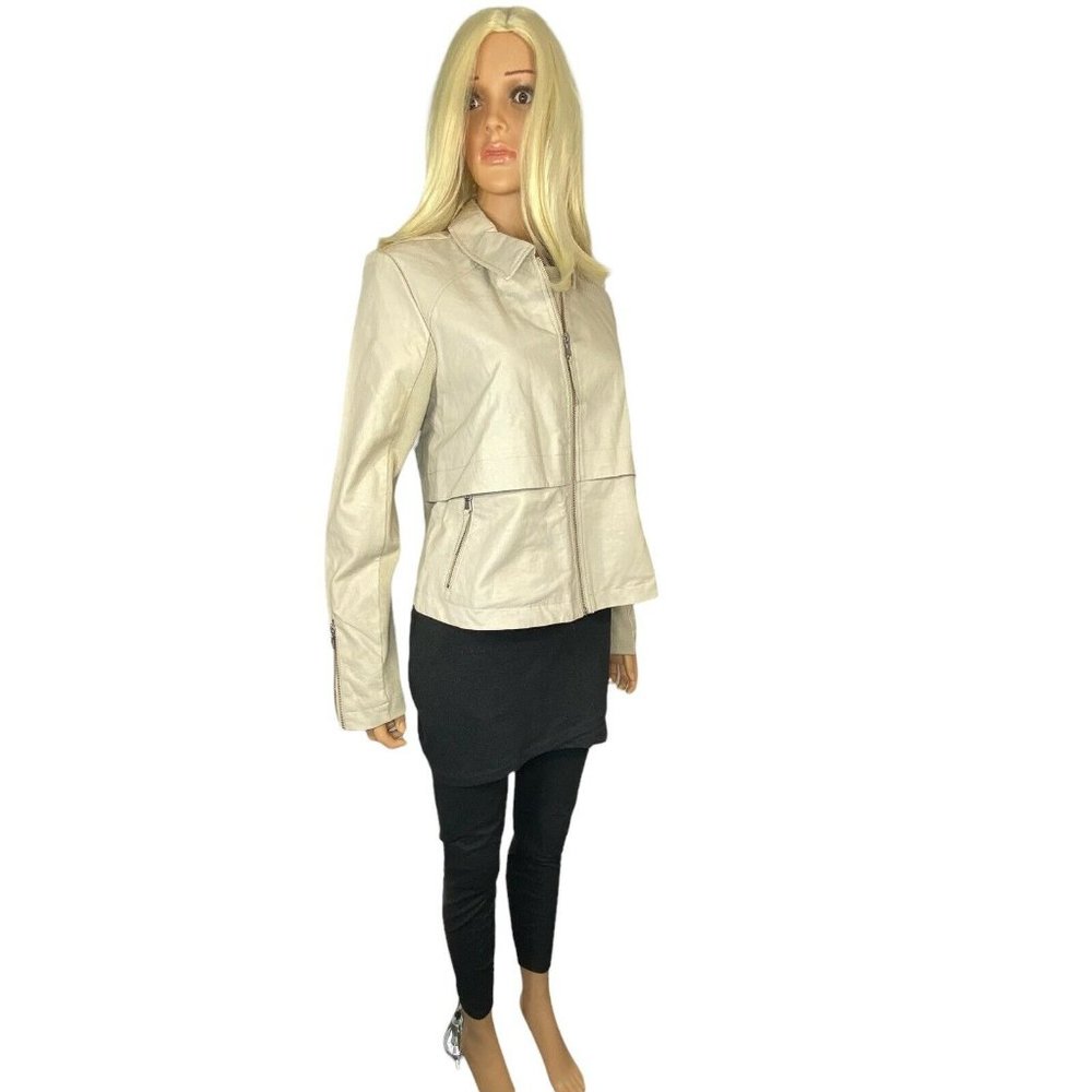 NWT Anthropologie M Vegan Faux Leather Crop Moto Jacket Zippers beige MSRP $160 - Picture 2 of 12
